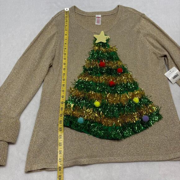 Metallic Sparkle Gold Ruffle Sleeve 3D Christmas Tree Ugly Christmas Sweater XXL - Picture 8 of 8